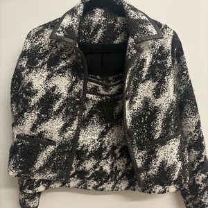 Black & white suit with grey leather buttons & trim